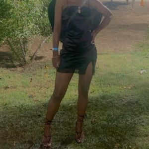 Silk with lace black mini dress// with thigh split